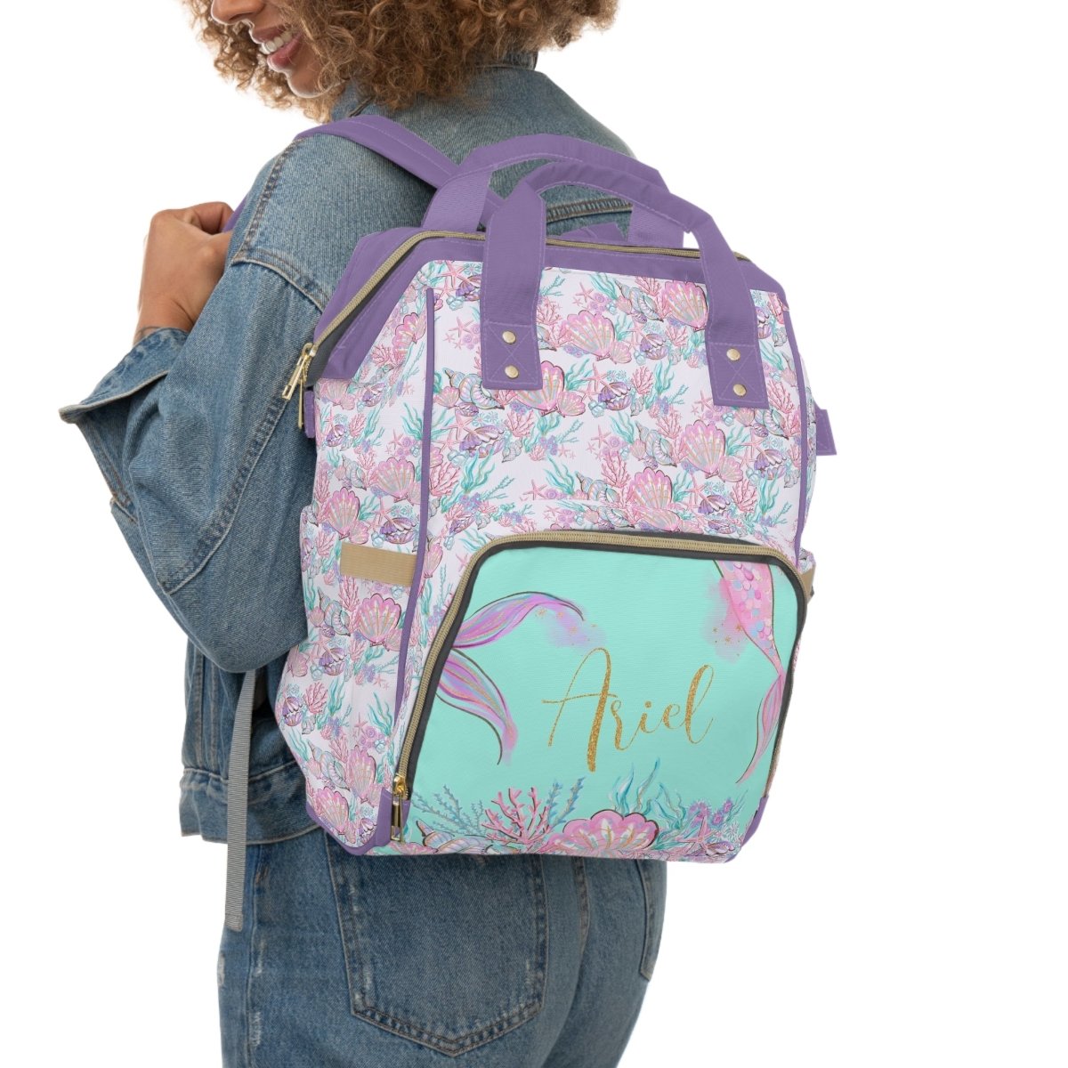Mermaid Seashells Personalized Backpack Diaper Bag - gender_girl, Mermaid Seashells, text