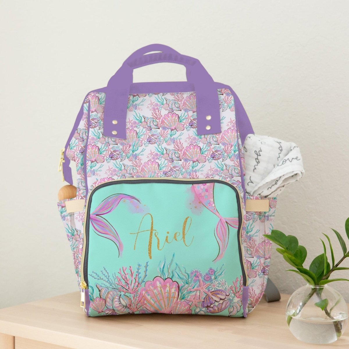 Mermaid Seashells Personalized Backpack Diaper Bag - gender_girl, Mermaid Seashells, text