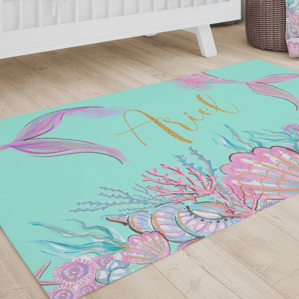 Mermaid Seashells Personalized Nursery Rug - gender_girl, Mermaid Seashells, text