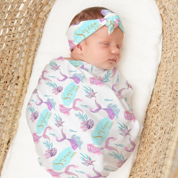 Mermaid Seashells Personalized Swaddle Blanket Set - gender_girl, Mermaid Seashells, text