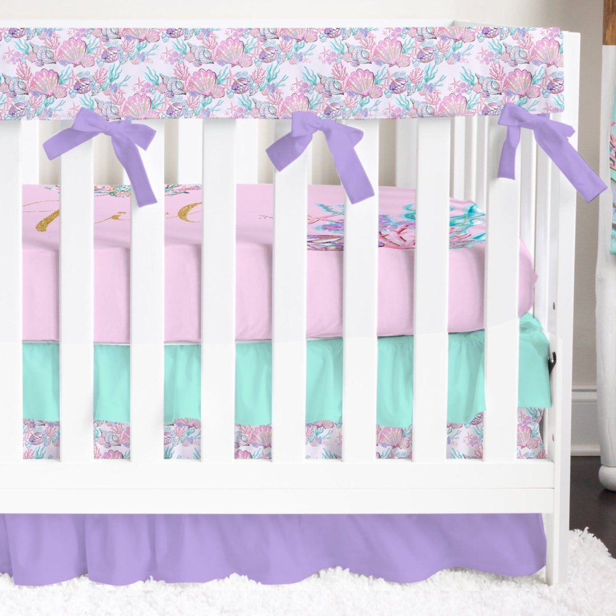 Mermaid Seashells Ruffled Crib Bedding - gender_girl, Mermaid Seashells, text