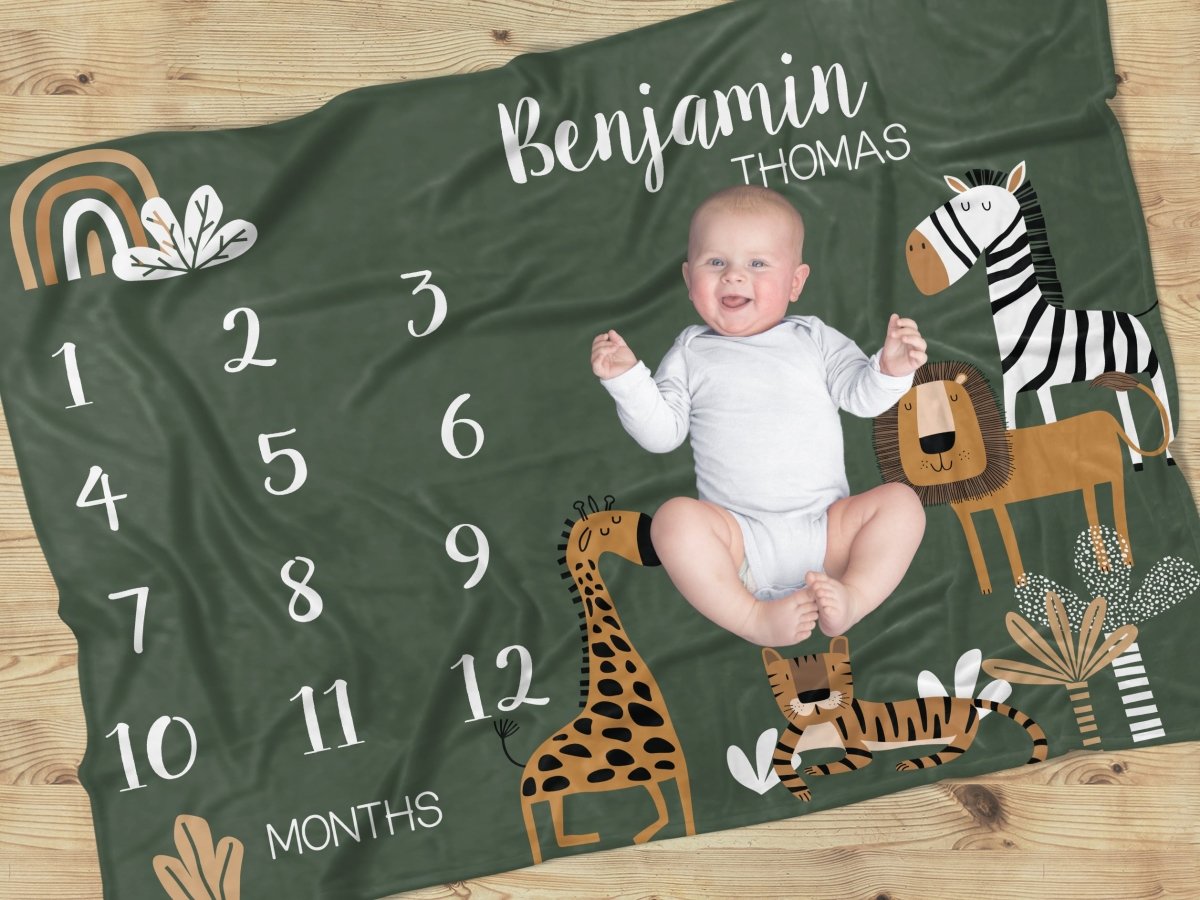 Mod Safari Milestone Minky Blanket - gender_boy, Mod Safari, text