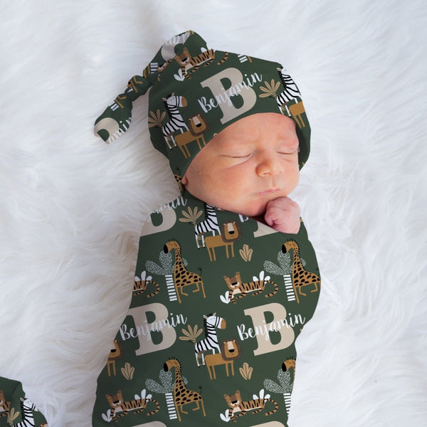 Mod Safari Personalized Swaddle Blanket Set - gender_boy, Mod Safari, text