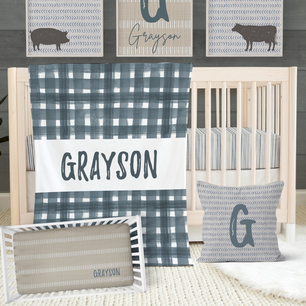 Modern Farmhouse Personalized Crib Sheet - gender_boy, gender_neutral, Personalized_Yes