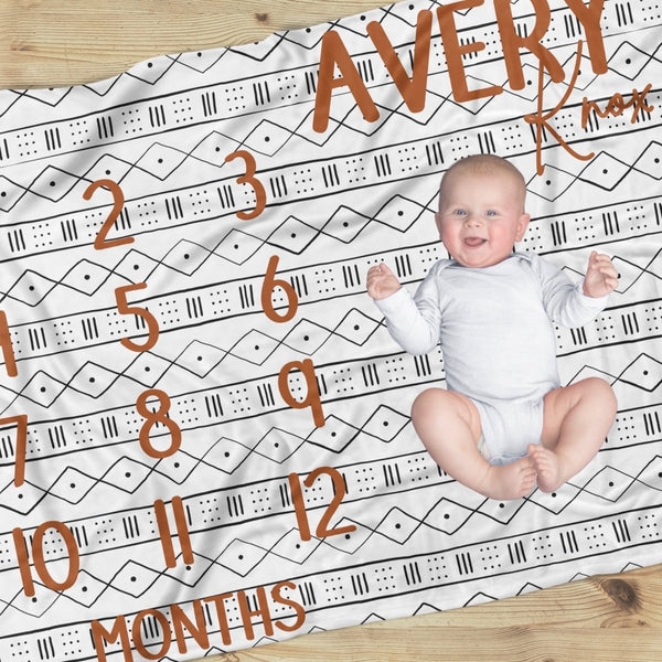 Modern Mudcloth Milestone Minky Blanket - gender_boy, Modern Mudcloth, text