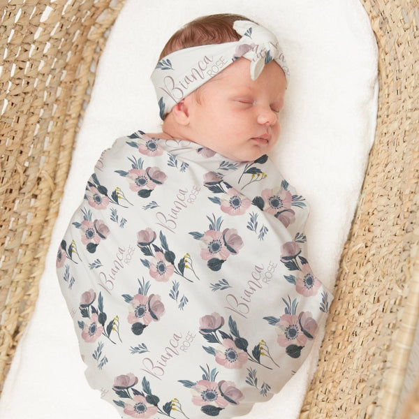 Moody Floral Personalized Swaddle Blanket Set - gender_girl, Moody Floral, text