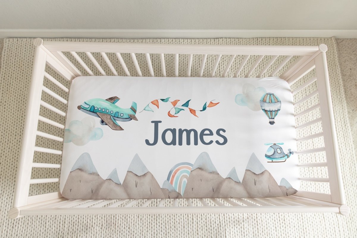 Mountain Adventure Personalized Crib Sheet - gender_boy, Personalized_Yes, text