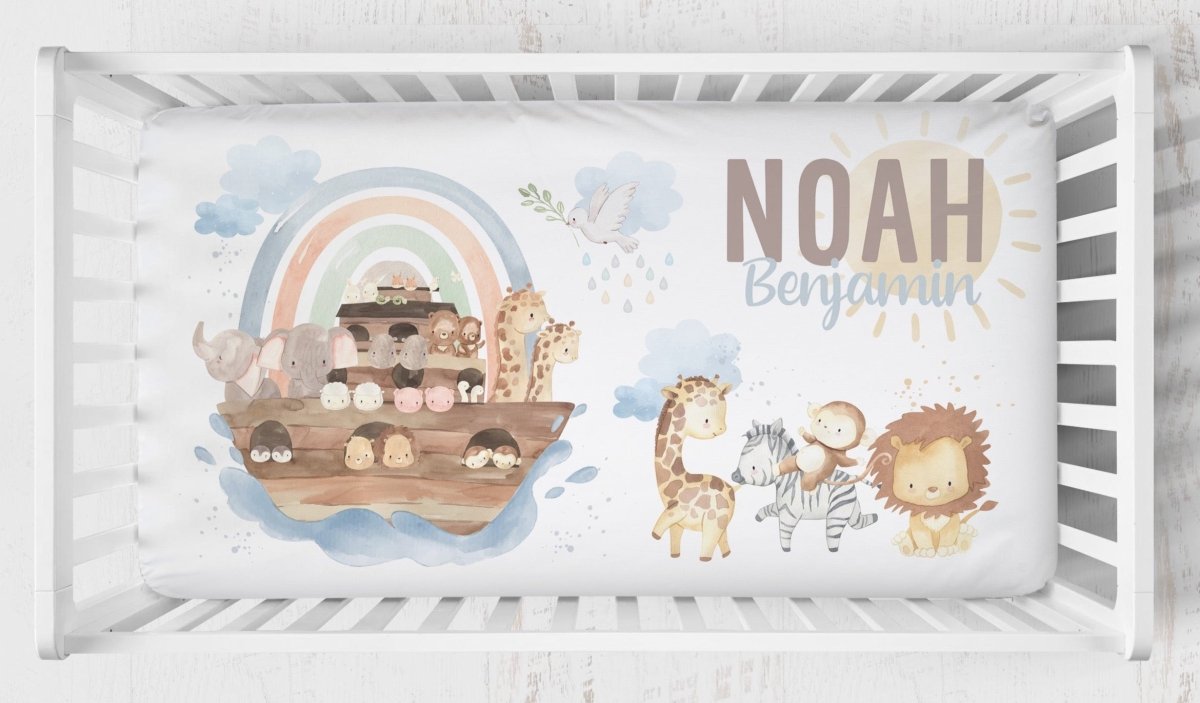 Noah's Ark Brown Personalized Crib Bedding - gender_boy, Noah's Ark, text