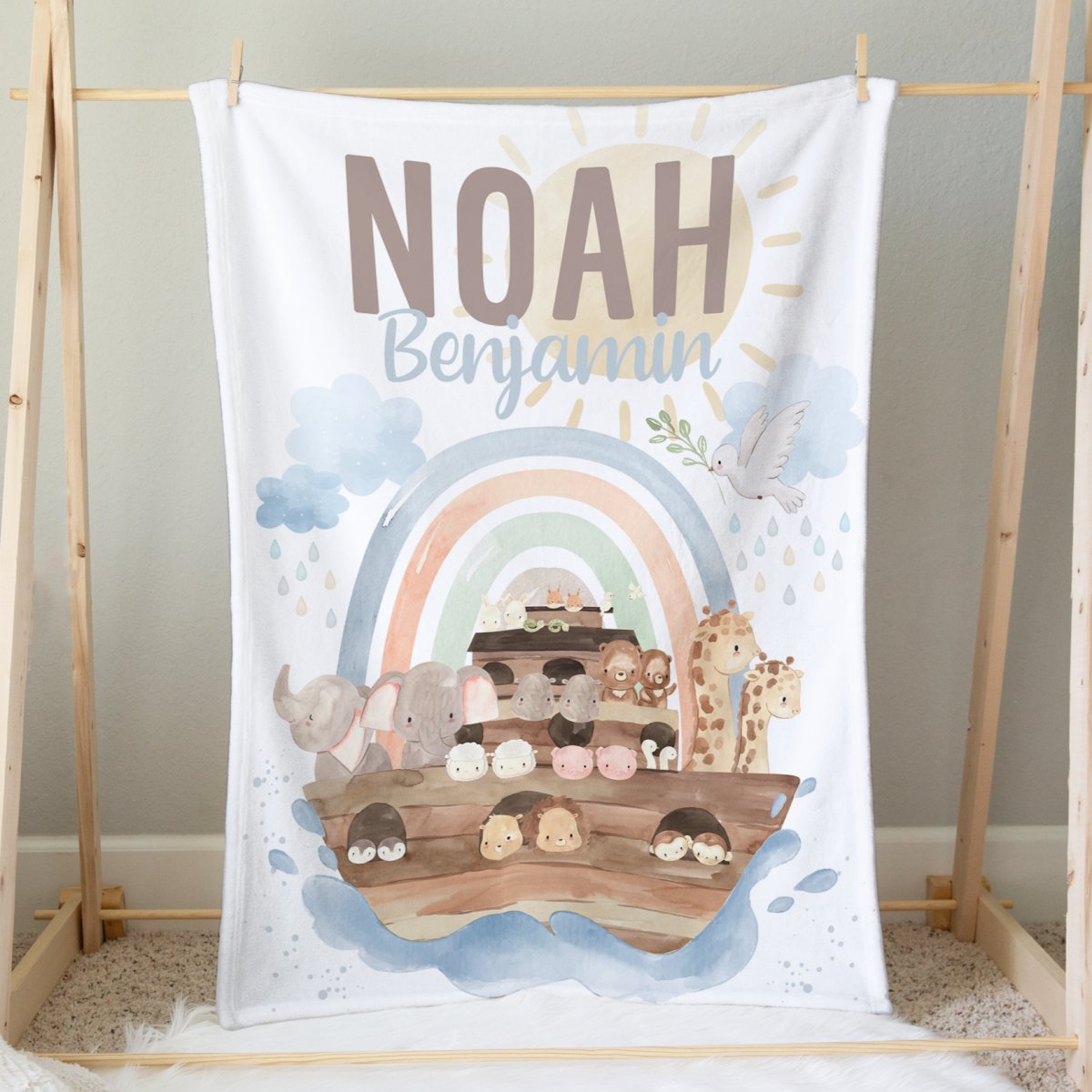 Noah's Ark Personalized Minky Blanket - gender_boy, Noah's Ark, Personalized_Yes