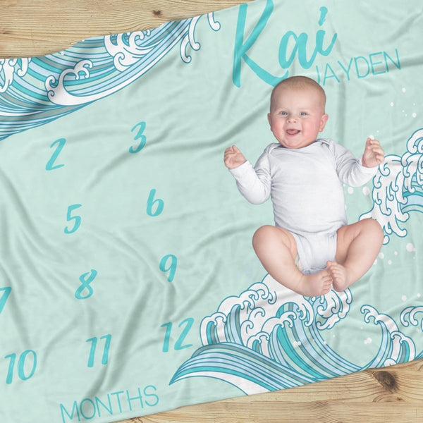 Ocean Waves Milestone Minky Blanket - gender_boy, gender_neutral, Ocean Waves