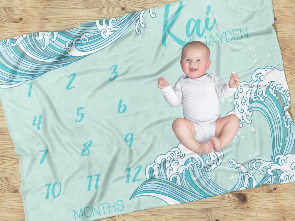 Ocean Waves Milestone Minky Blanket - gender_boy, gender_neutral, Ocean Waves