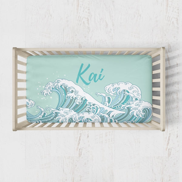 Ocean Waves Personalized Crib Sheet - gender_boy, gender_neutral, Personalized_Yes