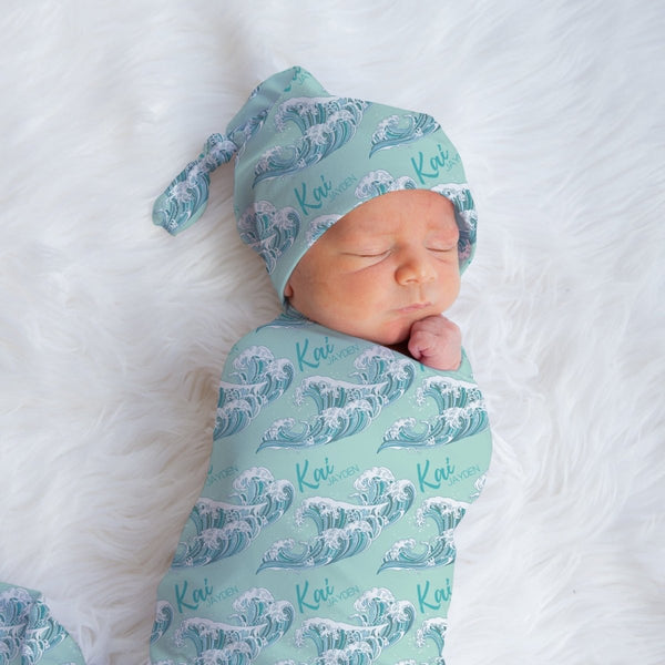 Ocean Waves Personalized Swaddle Blanket Set - gender_boy, gender_neutral, Ocean Waves