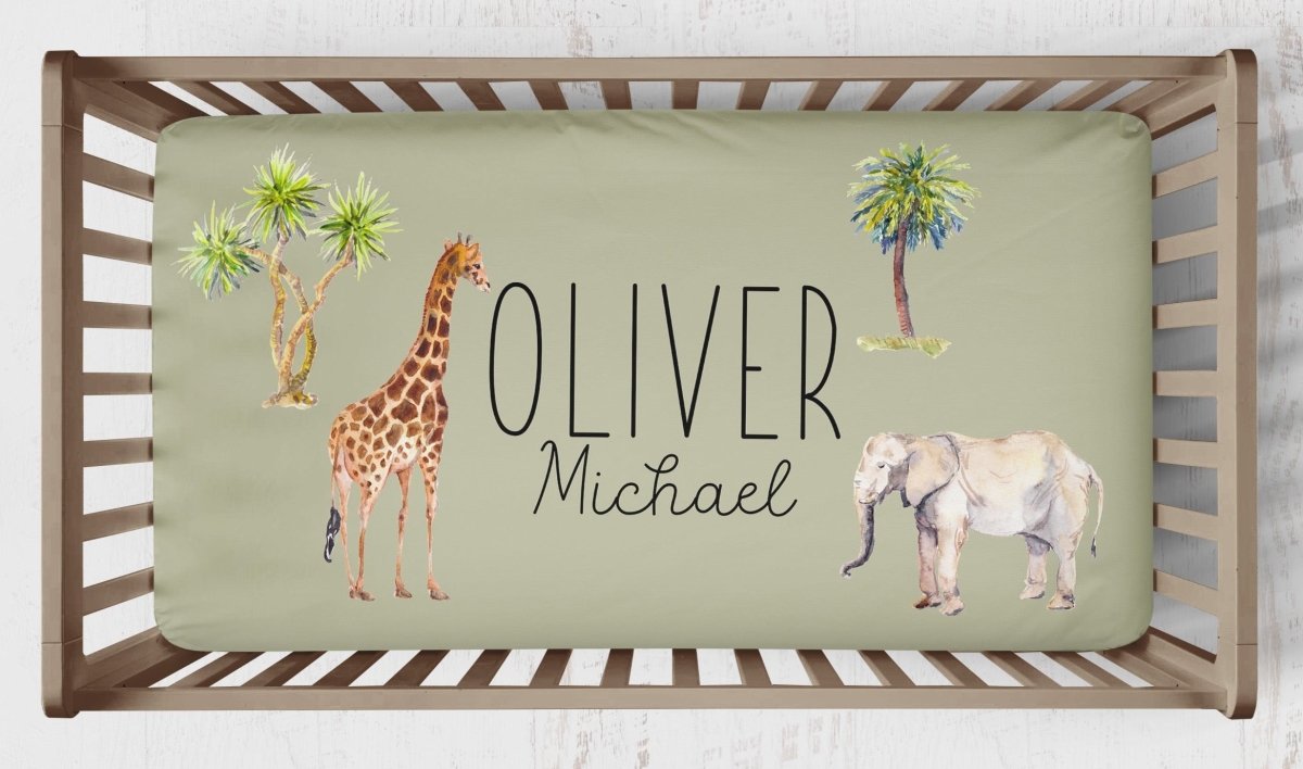 On Safari Personalized Crib Sheet - gender_boy, gender_neutral, Personalized_Yes
