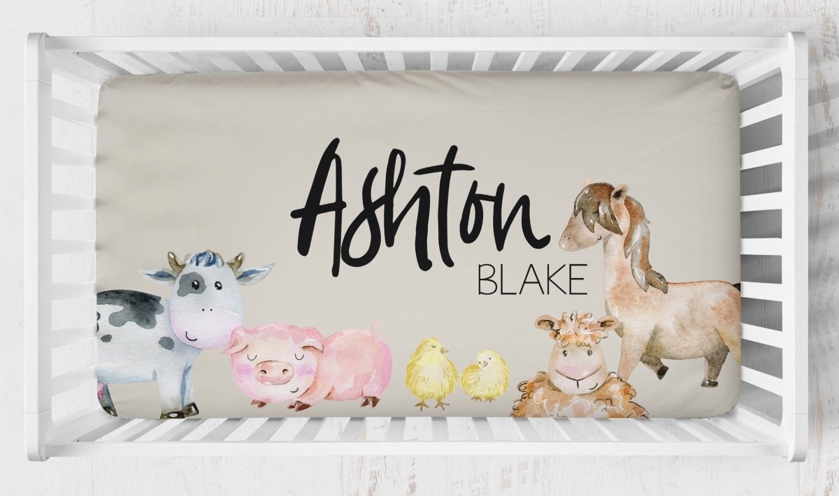 On the Farm Animals Personalized Crib Sheet - gender_boy, gender_neutral, Personalized_Yes