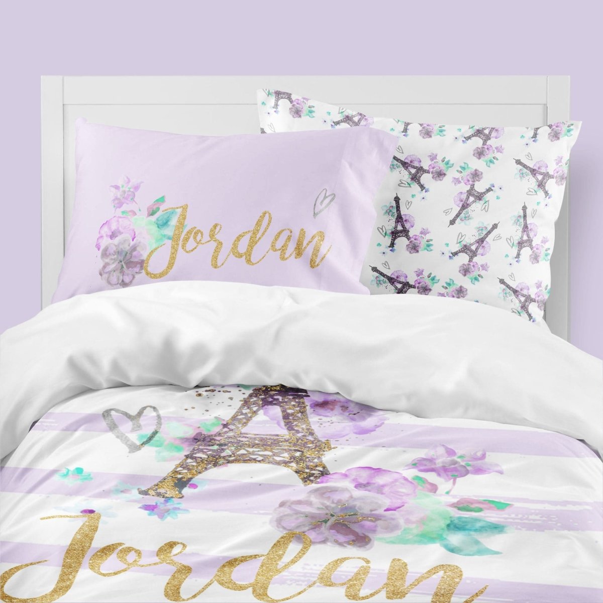 Paris in Purple Kids Bedding Set (Comforter or Duvet Cover) - text, ,