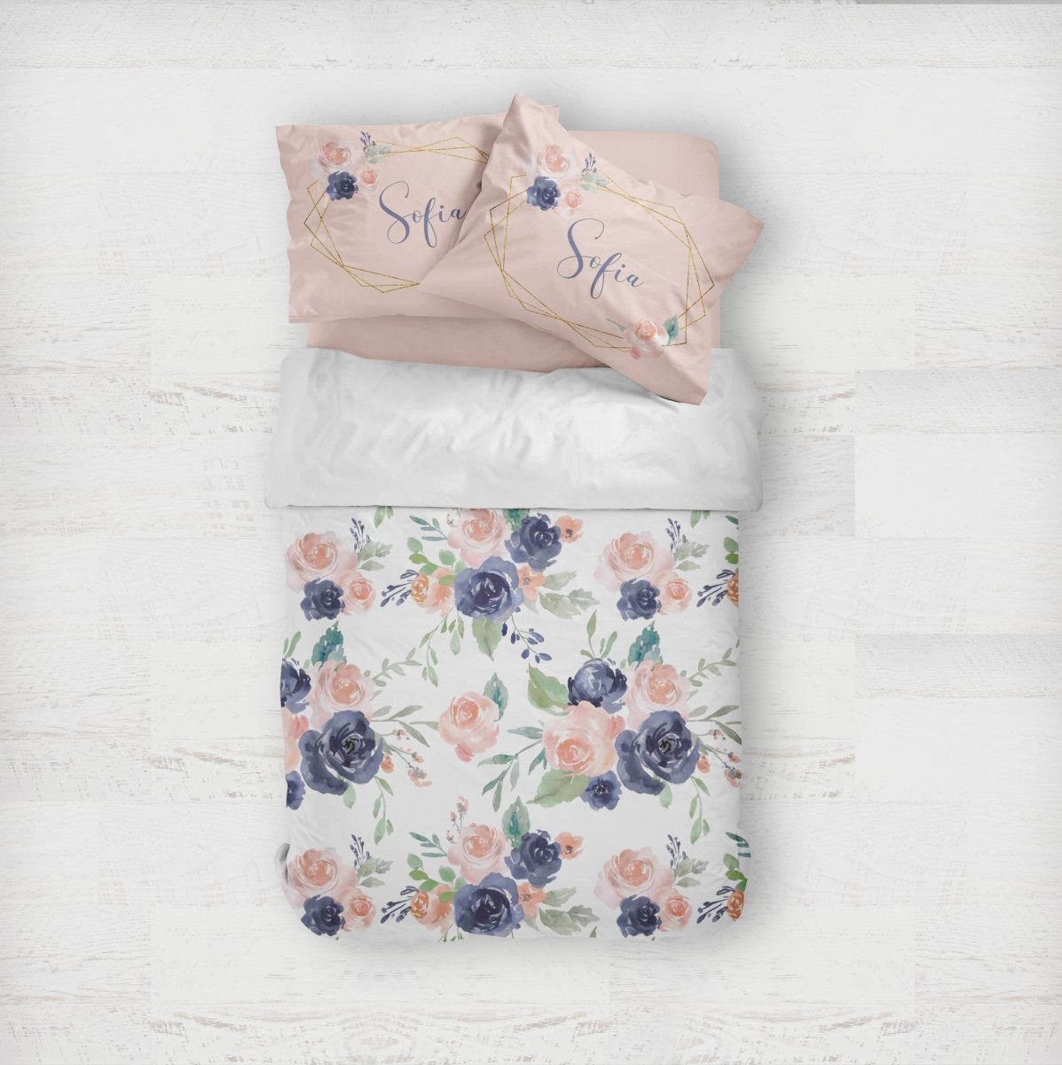 Peach & Navy Floral Kids Bedding Set (Comforter or Duvet Cover) - gender_girl, Peach & Navy Floral, text