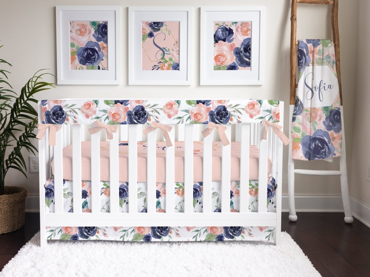 Peach & Navy Floral Crib Bedding - gender_girl, Peach & Navy Floral, text