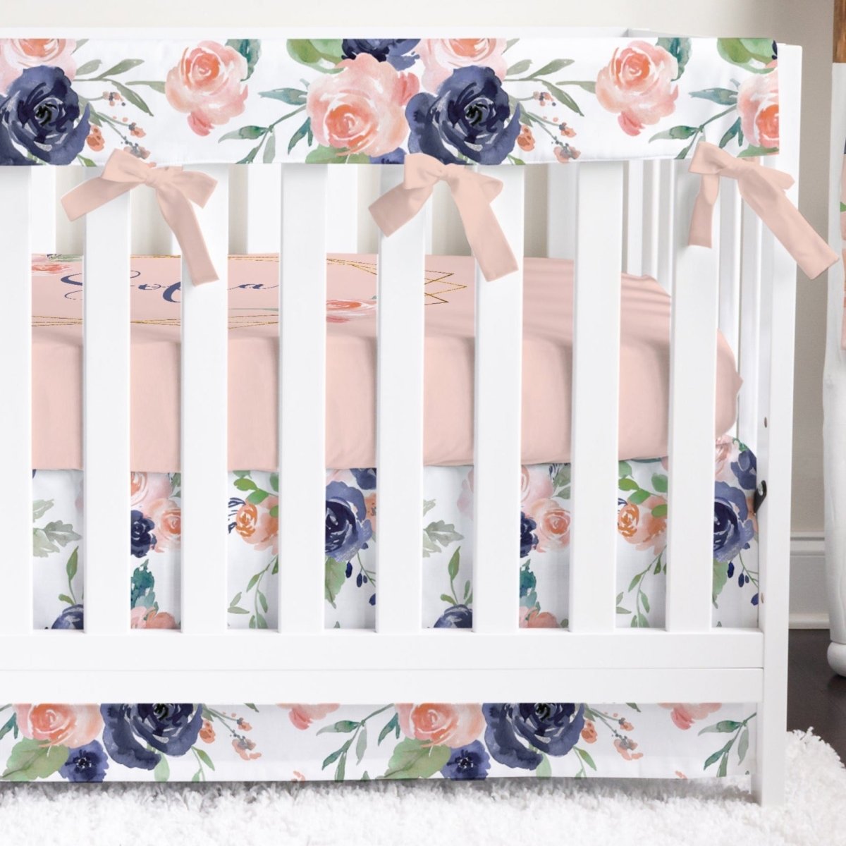 Peach & Navy Floral Crib Bedding - gender_girl, Peach & Navy Floral, text