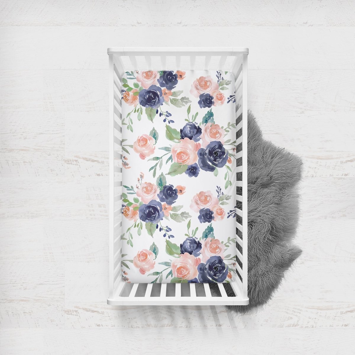 Peach & Navy Floral Crib Sheet - gender_girl, Theme_Floral,
