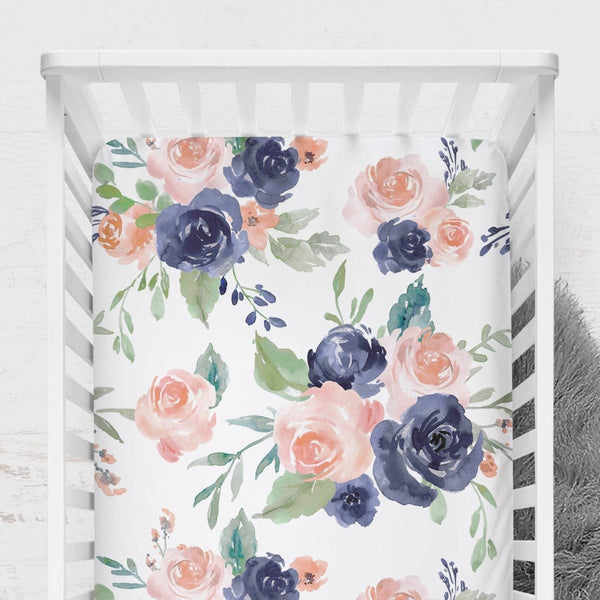 Peach & Navy Floral Crib Sheet - gender_girl, Theme_Floral,