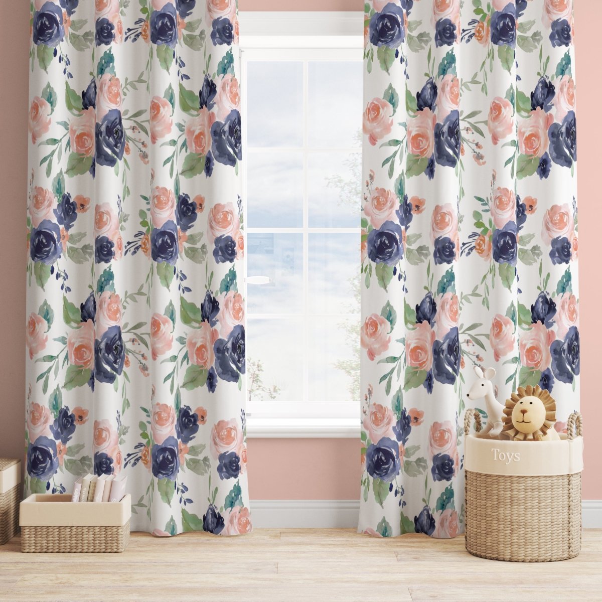 Peach & Navy Floral Curtain Panel - gender_girl, Peach & Navy Floral, Theme_Floral