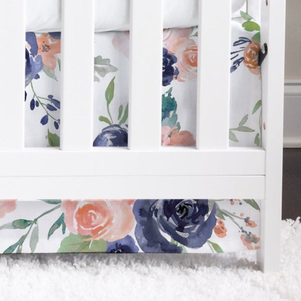 Peach & Navy Floral Flat Crib Skirt - gender_girl, Peach & Navy Floral, Theme_Floral