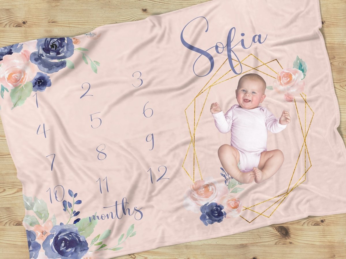 Peach & Navy Floral Milestone Minky Blanket - gender_girl, Peach & Navy Floral, text