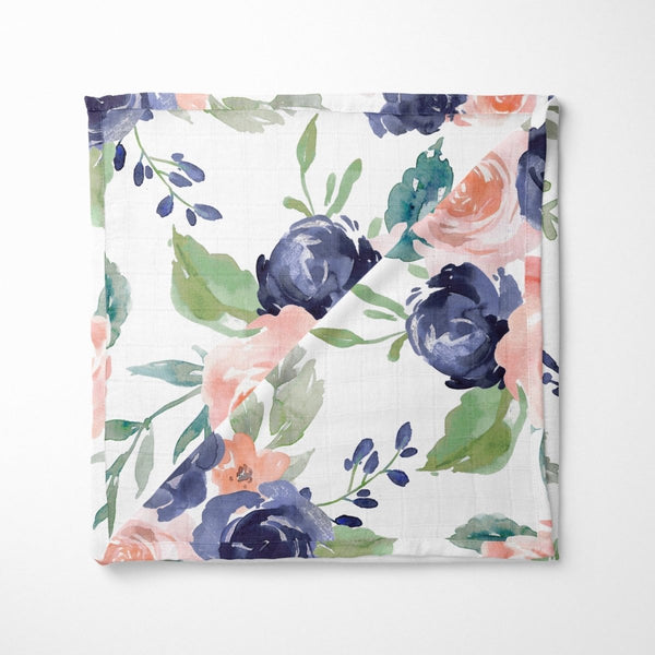 Peach & Navy Floral Muslin Blanket - Muslin Blanket