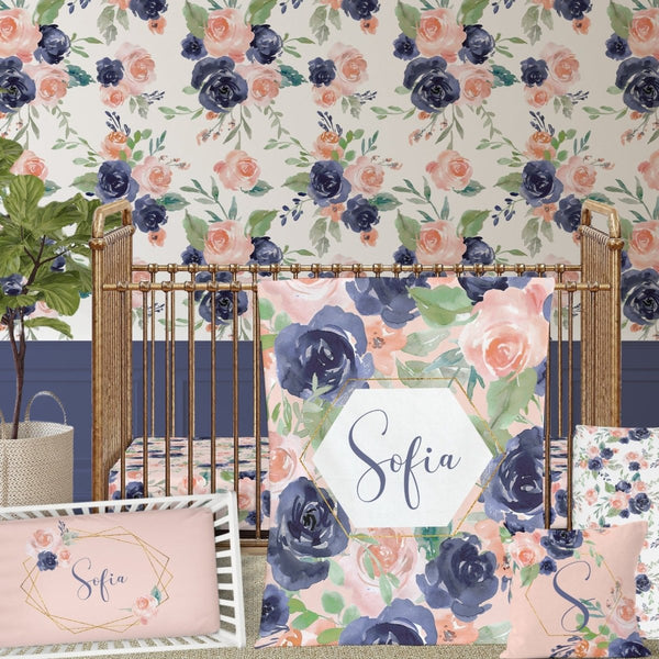 Peach & Navy Floral Nursery Collection - gender_girl, Peach & Navy Floral, text