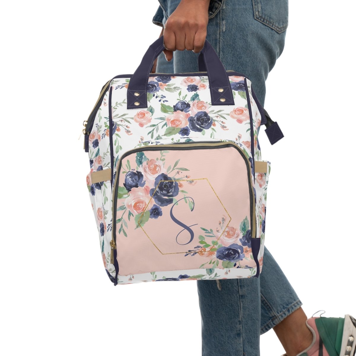 Peach & Navy Floral Personalized Backpack Diaper Bag - gender_girl, Peach & Navy Floral, text