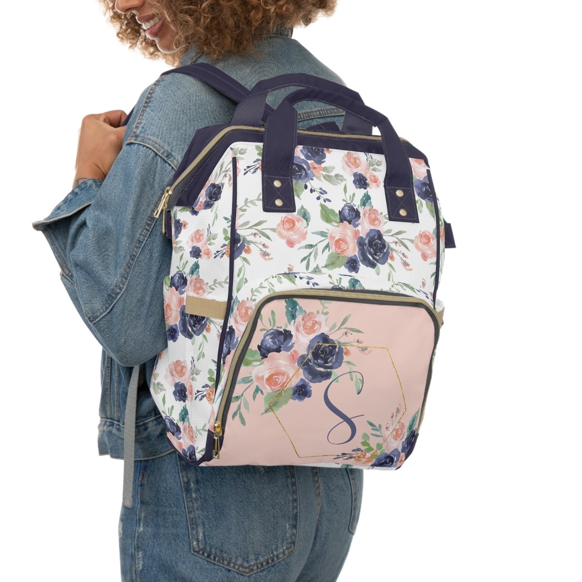 Peach & Navy Floral Personalized Backpack Diaper Bag - gender_girl, Peach & Navy Floral, text