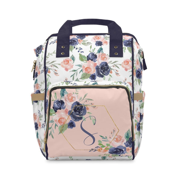 Peach & Navy Floral Personalized Backpack Diaper Bag - gender_girl, Peach & Navy Floral, text