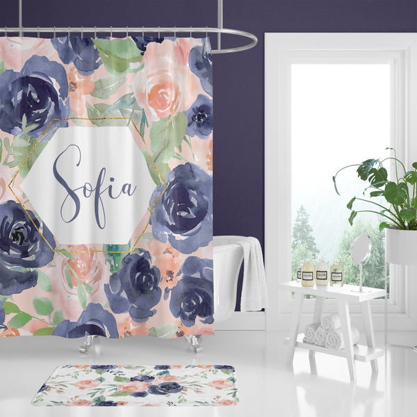 Peach & Navy Floral Personalized Bathroom Collection - gender_girl, Peach & Navy Floral, text