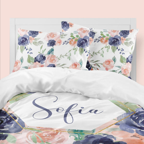 Peach & Navy Floral Personalized Kids Bedding Set (Comforter or Duvet Cover)