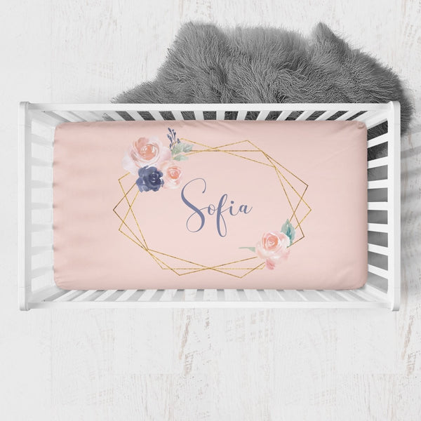 Peach & Navy Floral Personalized Crib Sheet - gender_girl, Personalized_Yes, text