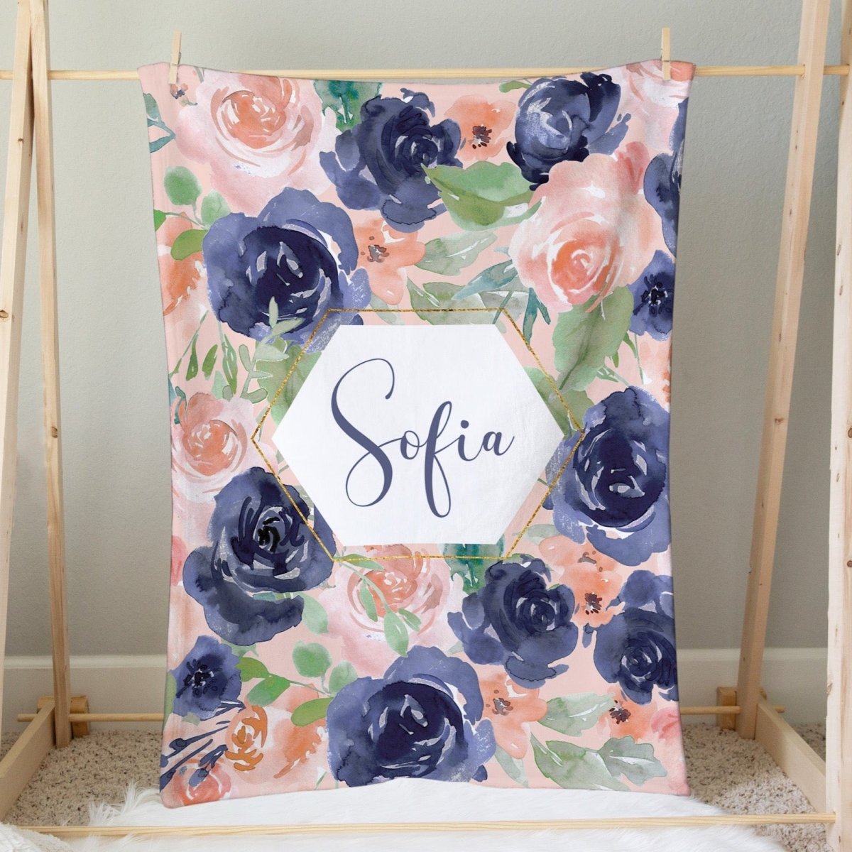 Peach & Navy Floral Personalized Minky Blanket - gender_girl, Peach & Navy Floral, Personalized_Yes