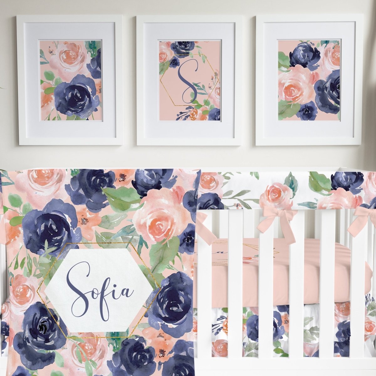 Peach & Navy Floral Personalized Nursery Art - gender_girl, Peach & Navy Floral, text