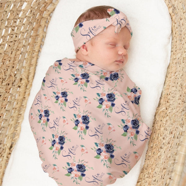 Peach & Navy Floral Personalized Swaddle Blanket Set