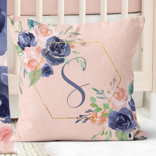Peach & Navy Floral Personalized Throw Pillow - gender_girl, Peach & Navy Floral, text