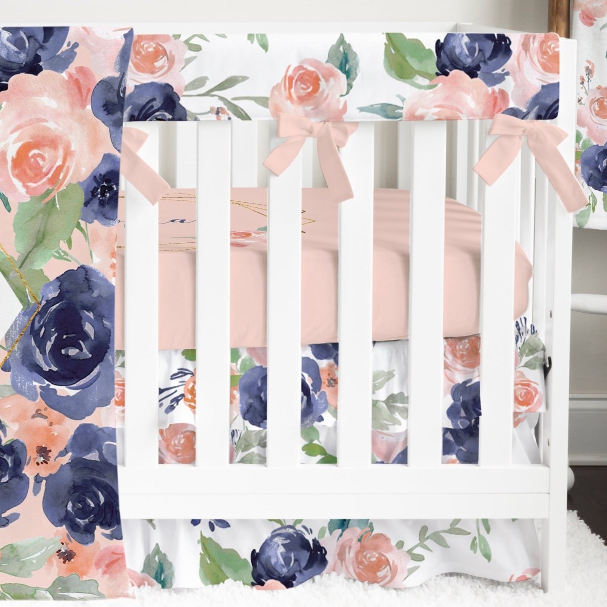 Peach & Navy Floral Ruffled Crib Bedding - gender_girl, Peach & Navy Floral, text