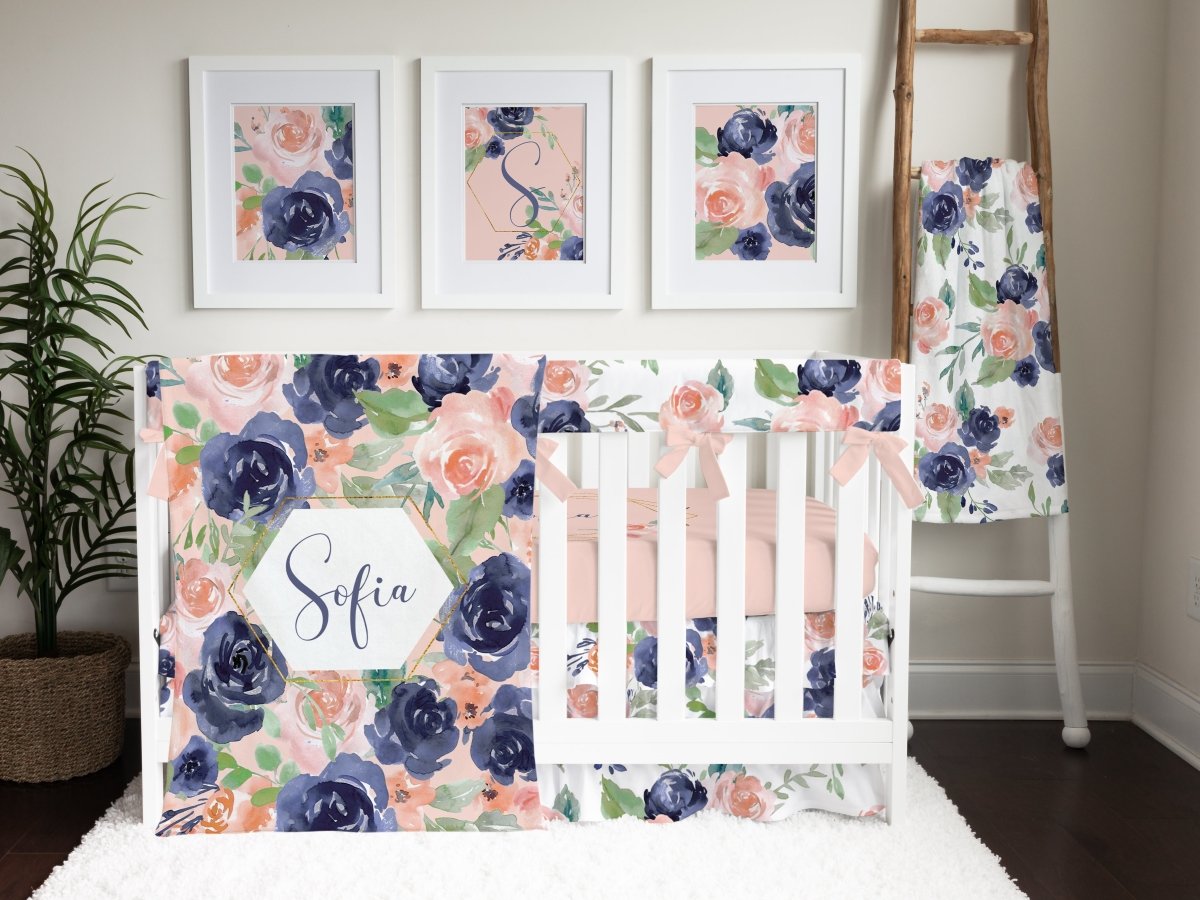 Peach & Navy Floral Ruffled Crib Bedding - gender_girl, Peach & Navy Floral, text
