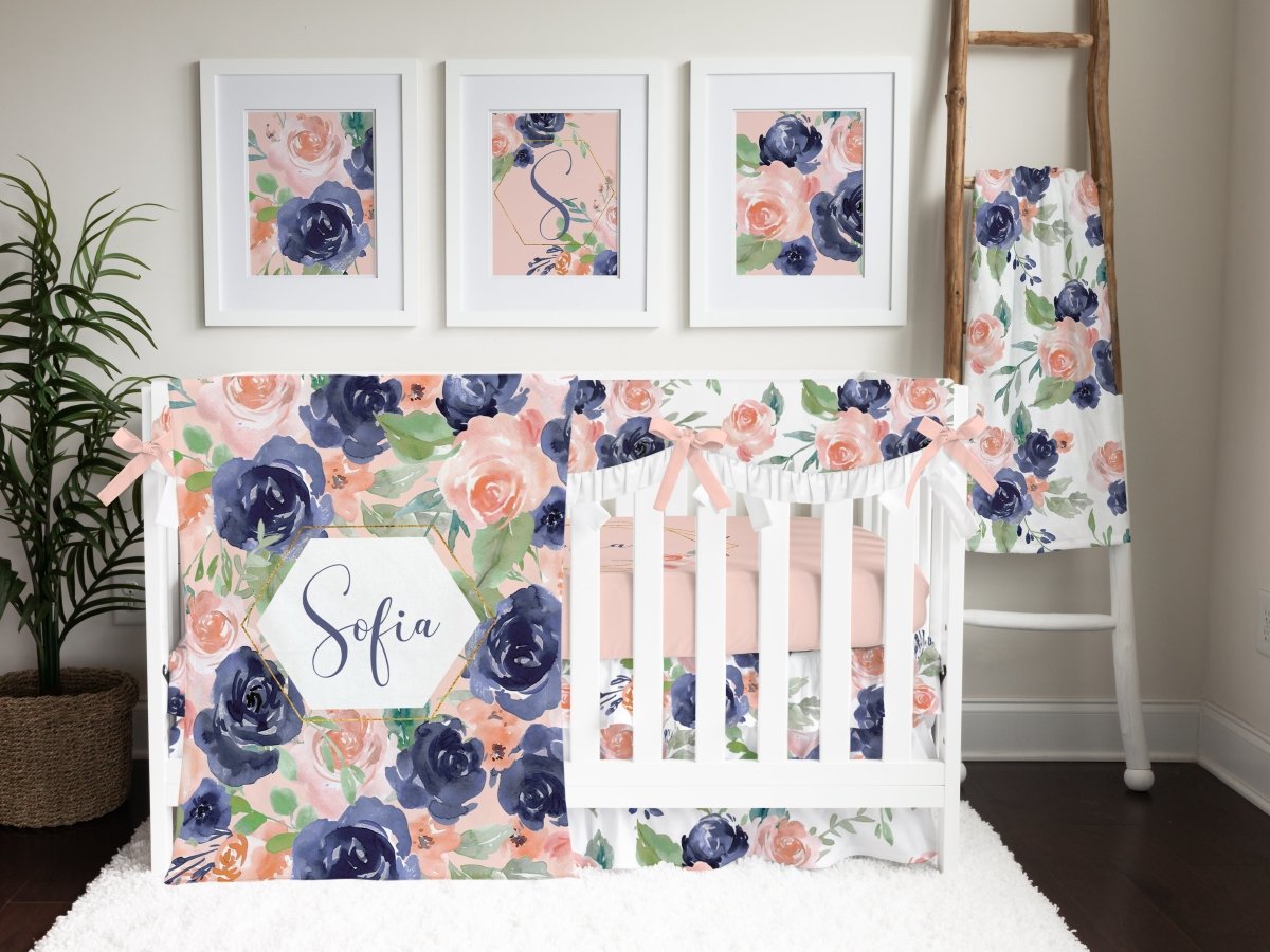 Peach & Navy Floral Ruffled Crib Rail Guards - gender_girl, Peach & Navy Floral, Theme_Floral
