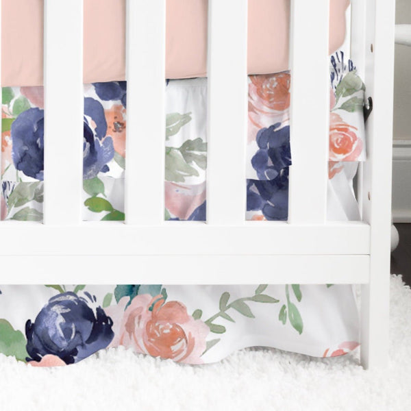 Peach & Navy Floral Ruffled Crib Skirt - gender_girl, Peach & Navy Floral, Theme_Floral