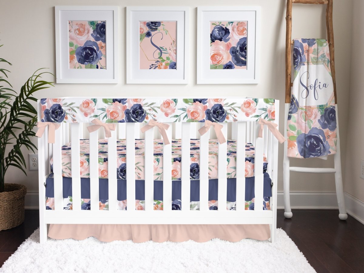 Peach & Navy Floral Solid Ruffled Crib Bedding - gender_girl, Peach & Navy Floral, text