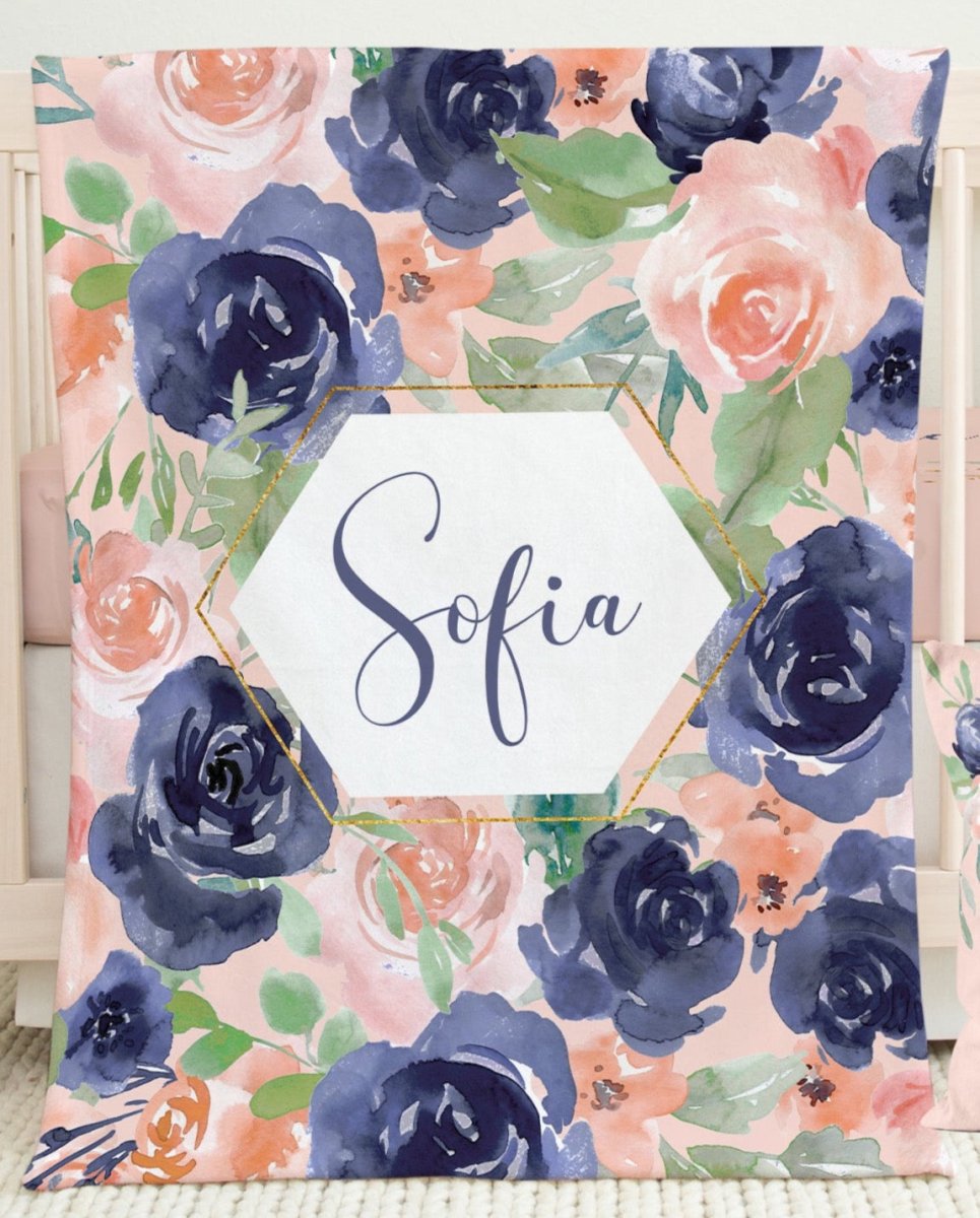 Peach & Navy Floral Solid Ruffled Crib Bedding - gender_girl, Peach & Navy Floral, text