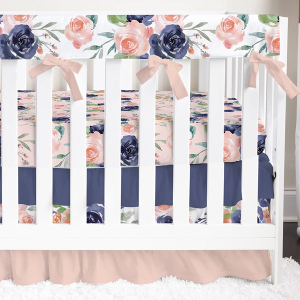 Peach & Navy Floral Solid Ruffled Crib Bedding - Crib Bedding Sets