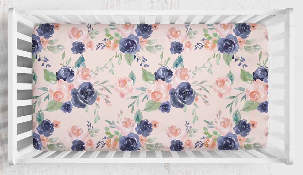 Peach & Navy Floral Solid Ruffled Crib Bedding - gender_girl, Peach & Navy Floral, text