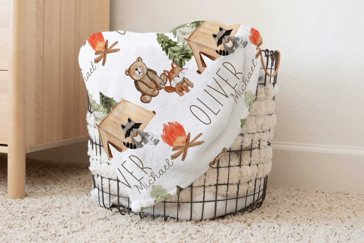 Personalized Baby Blanket, Woodland Baby Boy Gift, Camping Nursery Decor, Baby Shower Gift, Kid Blanket, Bear, Fox, Minky, Fleece, Sherpa - 2034, baby blanket, baby boy gift