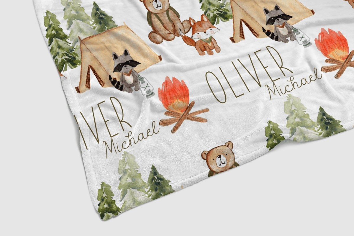 Personalized Baby Blanket, Woodland Baby Boy Gift, Camping Nursery Decor, Baby Shower Gift, Kid Blanket, Bear, Fox, Minky, Fleece, Sherpa - 2034, baby blanket, baby boy gift